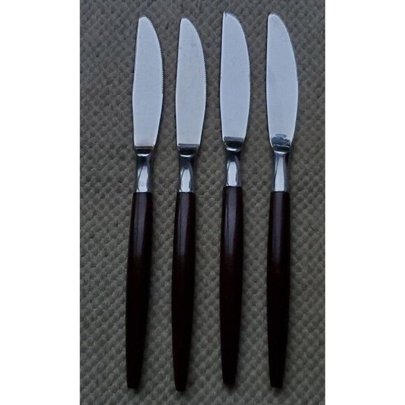 4 AMERICAN TEMPO Stainless Canoe Muffin Wood Flatware Dinner Butter Knife Knives - Picture 1 of 5